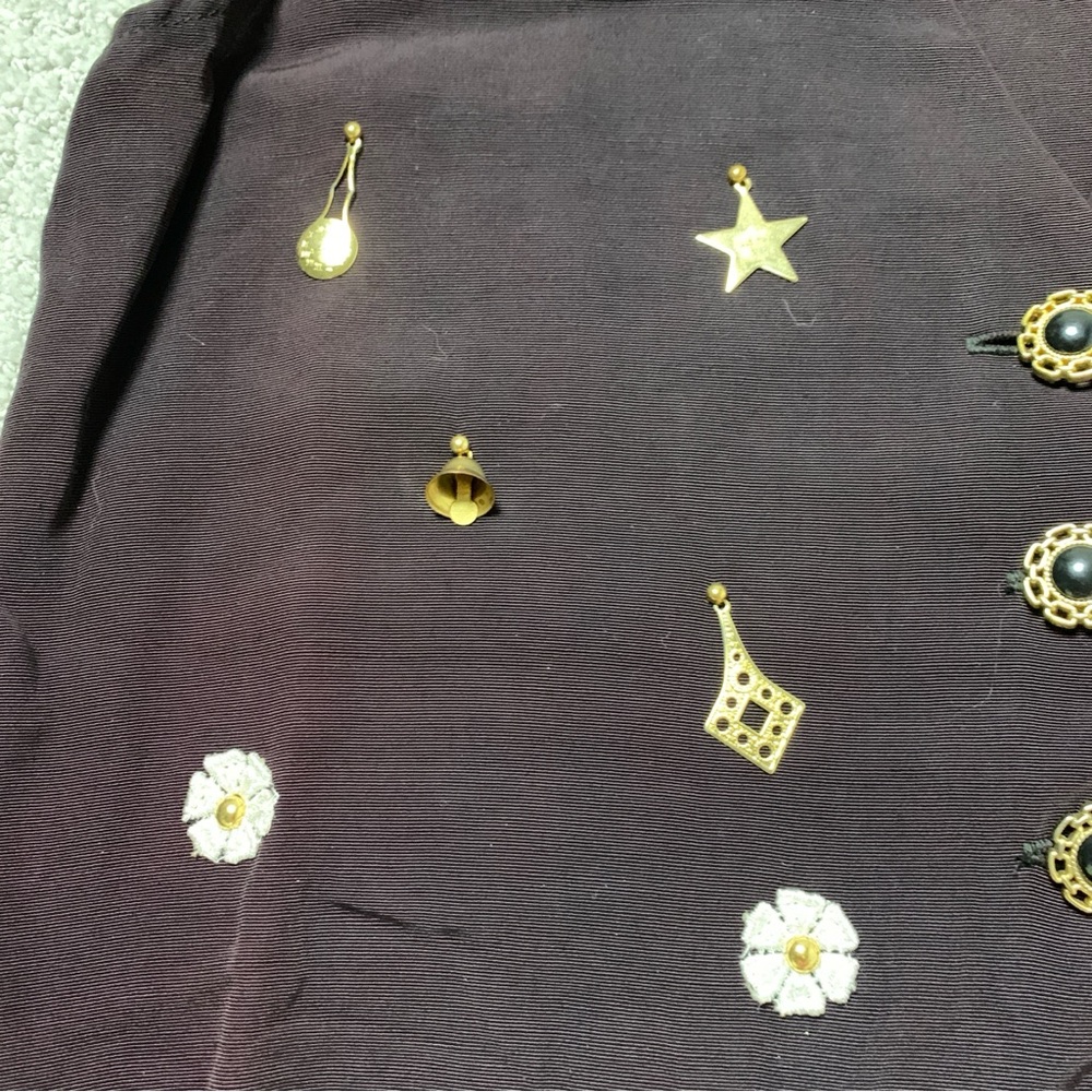 Vintage Brown Deep V Vest W/ Gold Charms Bells, Fits Large Women 4 Button - Picture 5 of 11